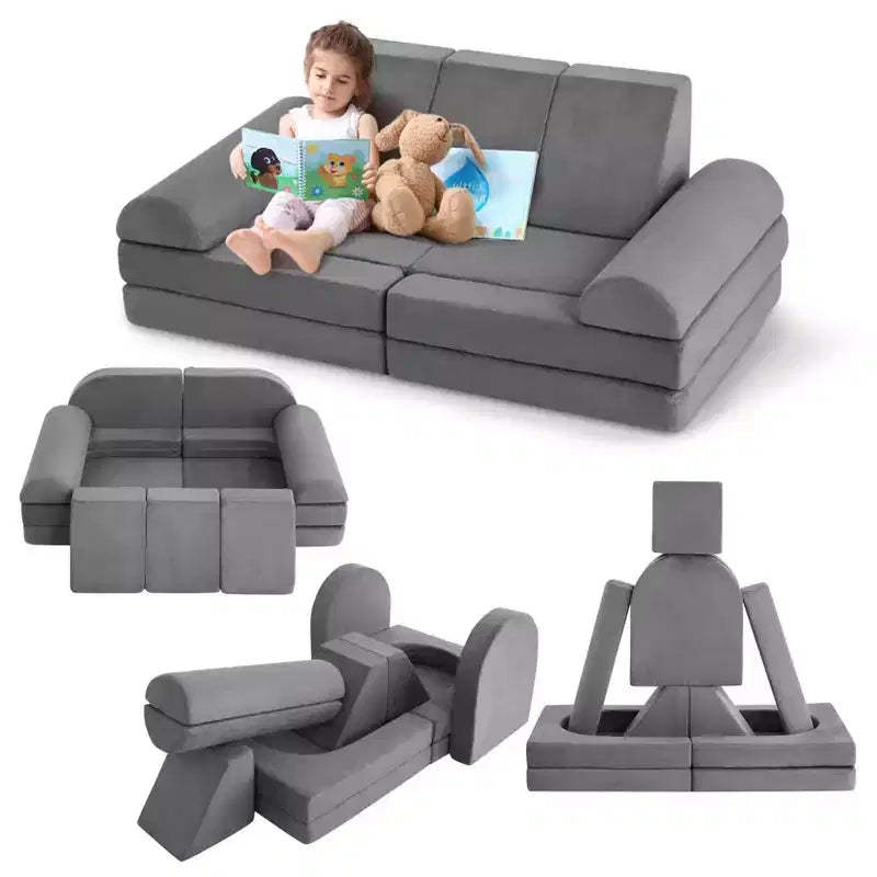 10 Pcs Modular Kids Play Couch, Soft Foam Toddler Couch with Ball Pit for Boys Girls, Convertible Child Sectional Sofa, Gray