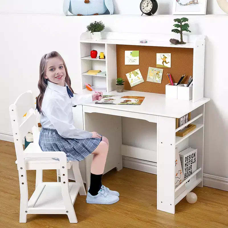 Kids Vanity & Study Desk Set  White Table with Chair, Bookshelf, Mirror, Cabinets & Bulletin Board for Ages 39