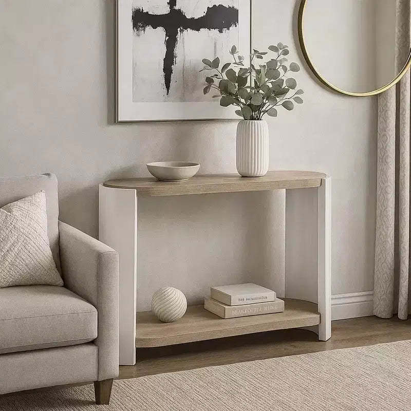 Royal Hampton Sofa Console Table, White High Gloss Wood, Brown, Oval 47 Inch