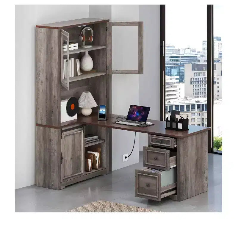 L-Shaped Farmhouse Executive Desk With Hutch & Drawers Wood Corner Computer Desk With Built-In Power Outlet