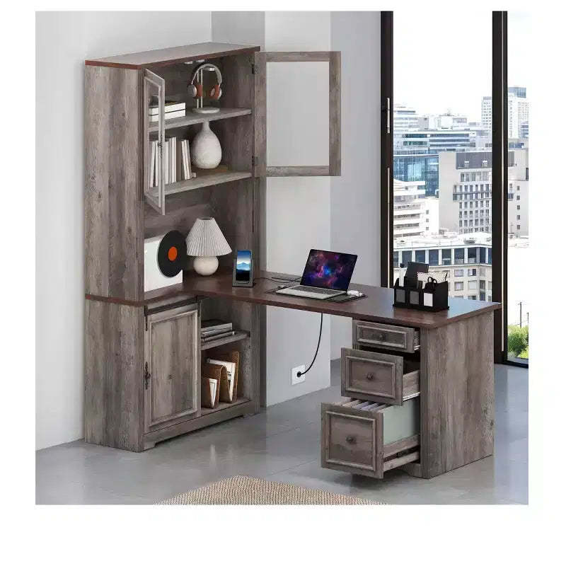 L-Shaped Farmhouse Executive Desk With Hutch & Drawers Wood Corner Computer Desk With Built-In Power Outlet