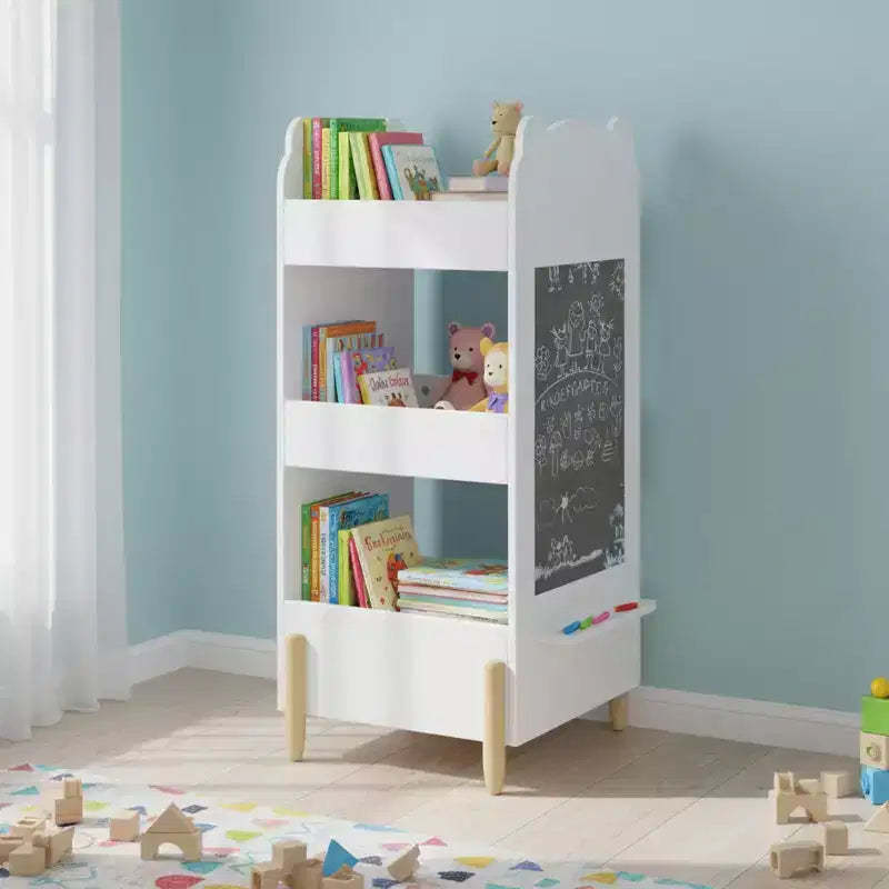 Homy Casa Kids Wooden Bear-Shaped Bookshelf with Chalkboard Side and 3-Tier Open Storage, White