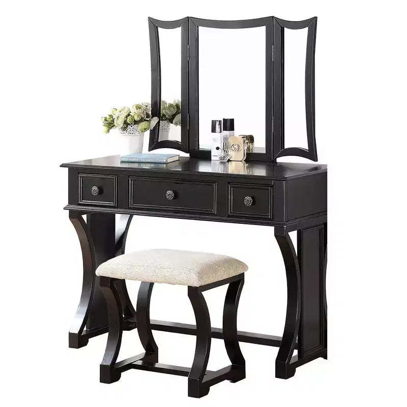 Poundex Wooden Makeup Vanity Set Desk, Mirror and Stool