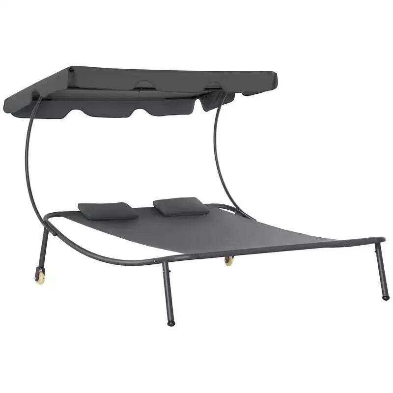 Patio Double Chaise Lounge Chair, Outdoor Wheeled Hammock Daybed with Adjustable Canopy and Pillow for Sun Room, Garden, or Poolside