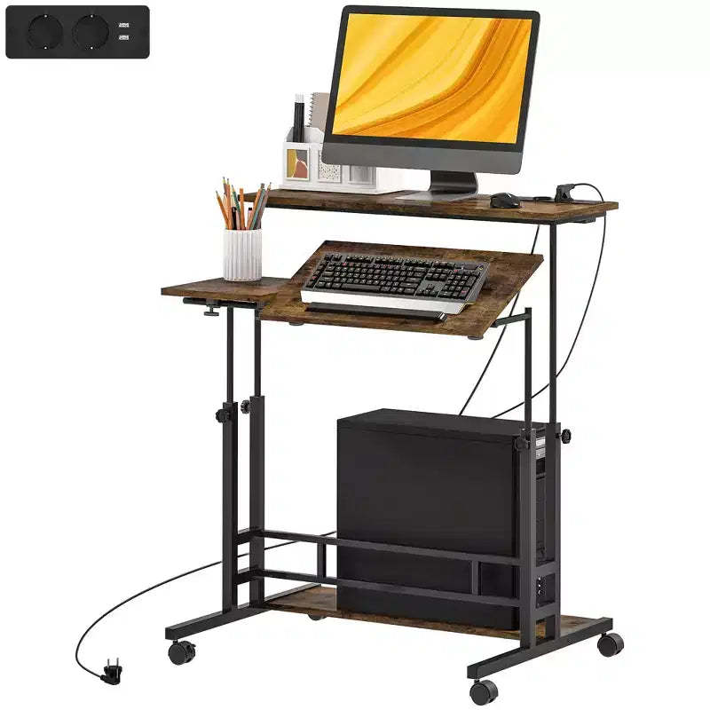Adjustable Standing Desk with Power Outlets, Stand Up Desk with Tiltable Tabletop, Wheels, Shelf, for Home Office