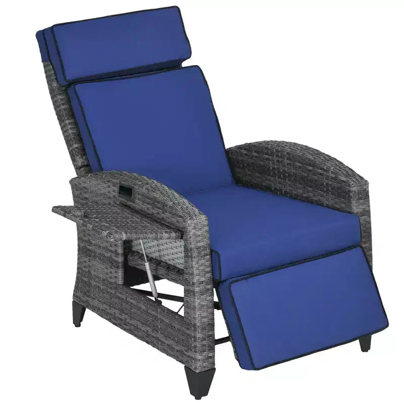 Outdoor Recliner Chair with Cushions, Reclining Patio Lounge Chair with Adjustable Footrest, Armrests, Tray Table