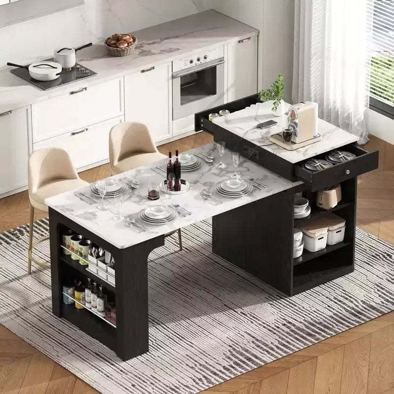 PexFix 59.5 Kitchen Island with Extendable Dining Table Kitchen Storage Table with Double-sided Storage with Power Outlet&Side Open Shelves Black