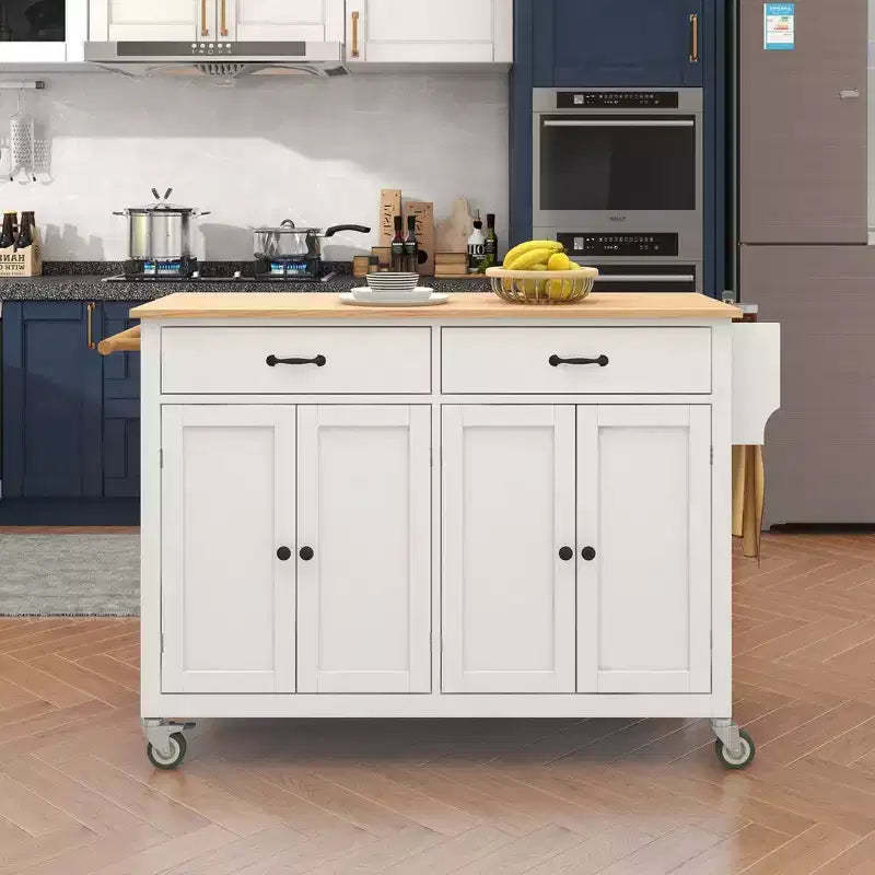 PexFix 54.3 Inch Kitchen Island Cart with Solid Wood Top and Locking Wheels 4 Door Cabinet and Two Drawers & Spice Rack & Towel Rack White