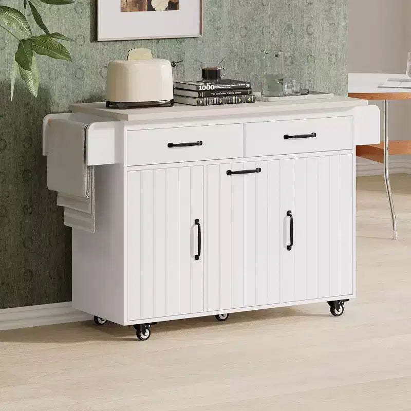 Pexfix Kitchen Island with Trash Can Storage Cabinet Kitchen Cart with Drop Leaf & Spice Rack & Towel Rack and Drawer with Adjustable Shelf White