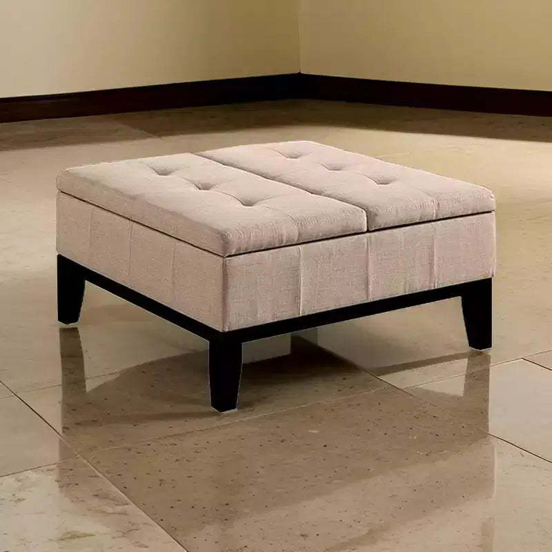 Royal Hampton 36 Inch Ottoman, Split Storage Lid, Tufted Beige Upholstery, Wood