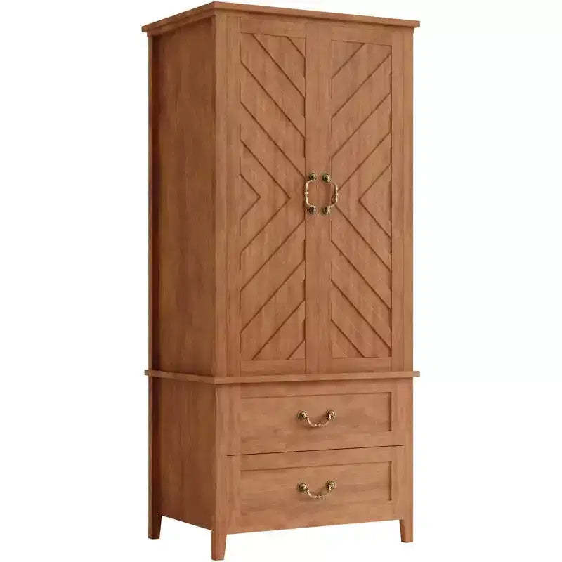 Acekool V Shape Armoire Wardrobe Closet with 2 Doors and Drawers, 71.06 Farmhouse Storage Cabinet for Bedroom, Wood
