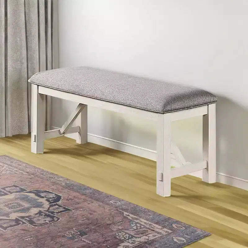 Royal Hampton 50 Inch Dining Bench, Fabric Padded Seat, Rubberwood, Gray and White