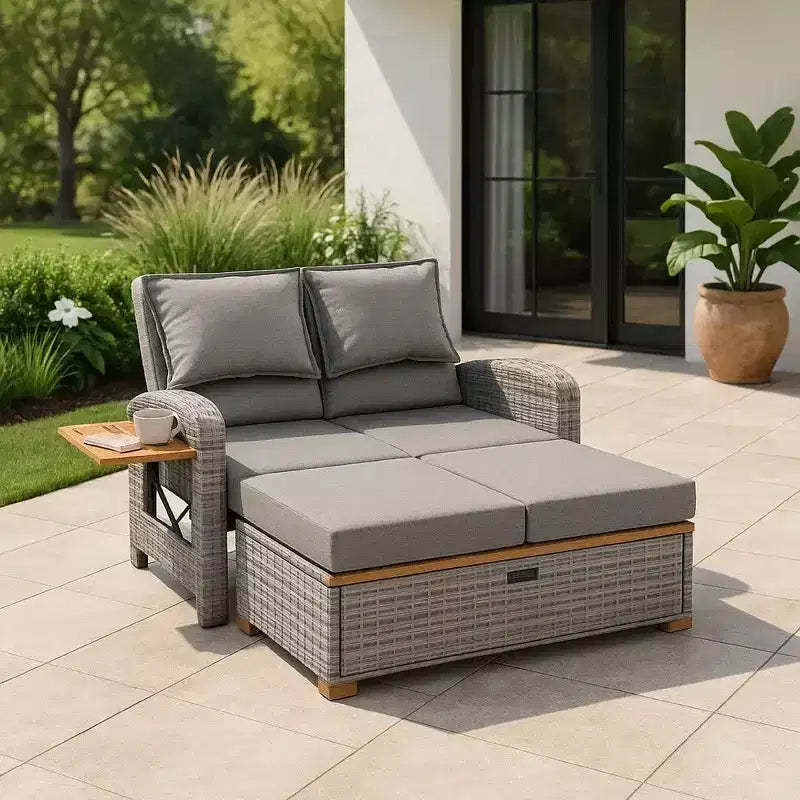 Royal Hampton Outdoor Reclining Chaise Lounge Set w Storage Bench, Pillows, Gray