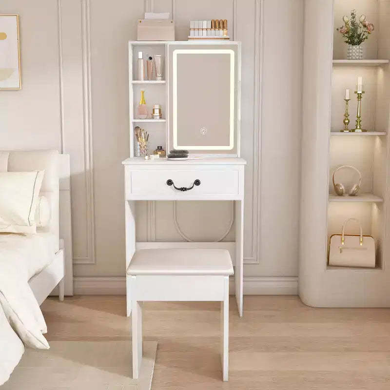 GDFStudio Althea Modern Mirror Vanity Table with LED Lights, 1 Drawers, Shelves and 1 Padded Stool