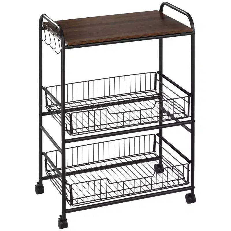3 Tier Rolling Kitchen Cart with Storage, Kitchen Island Cart on Wheels with 2 Sliding Fruit Basket, Microwave Cart with Side Hooks for Dining Room