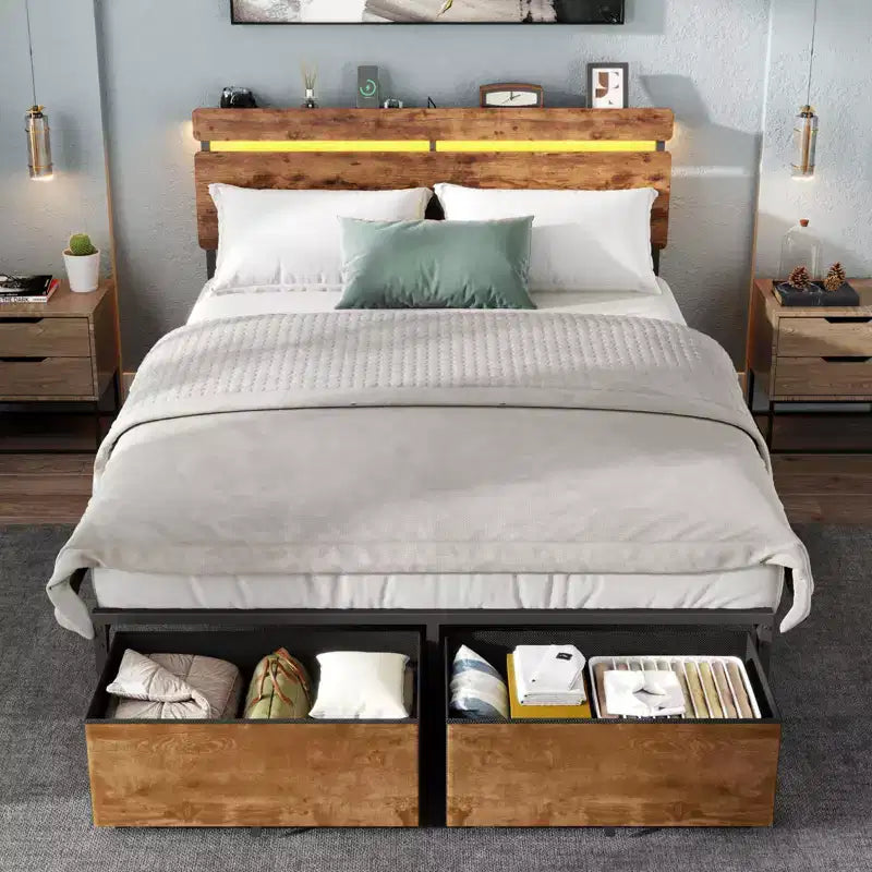 Full Size Bed Frame with Charging Station and LED Lights Vintage Brown Metal Platform Bed Storage Headboard 2 Drawers No Box Spring Needed