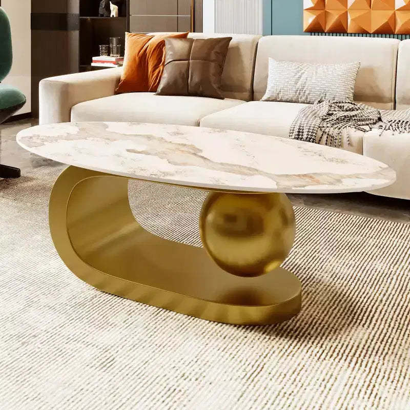Modern Oval Coffee Table, Irregular Marble Center Table with Gold Steel Base for Living Room