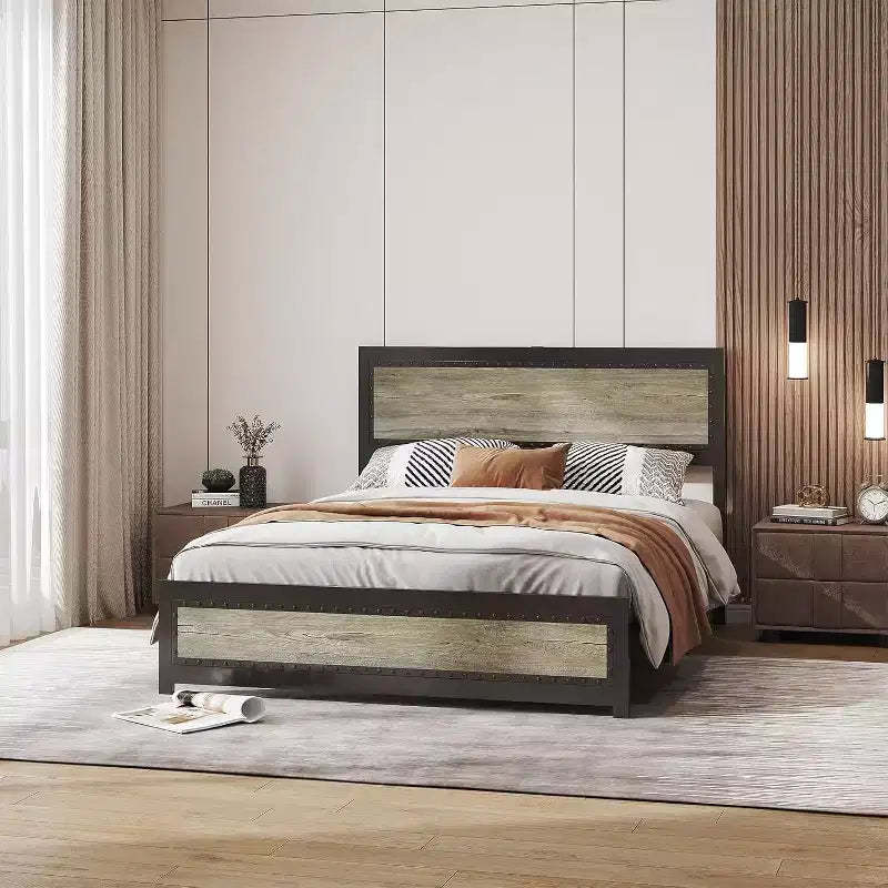 COZONY Industrial Platform Bed Frame with Headboard, Sturdy Metal Slatted Frame, No Box Spring Needed, Easy Assembly Bedroom Bed
