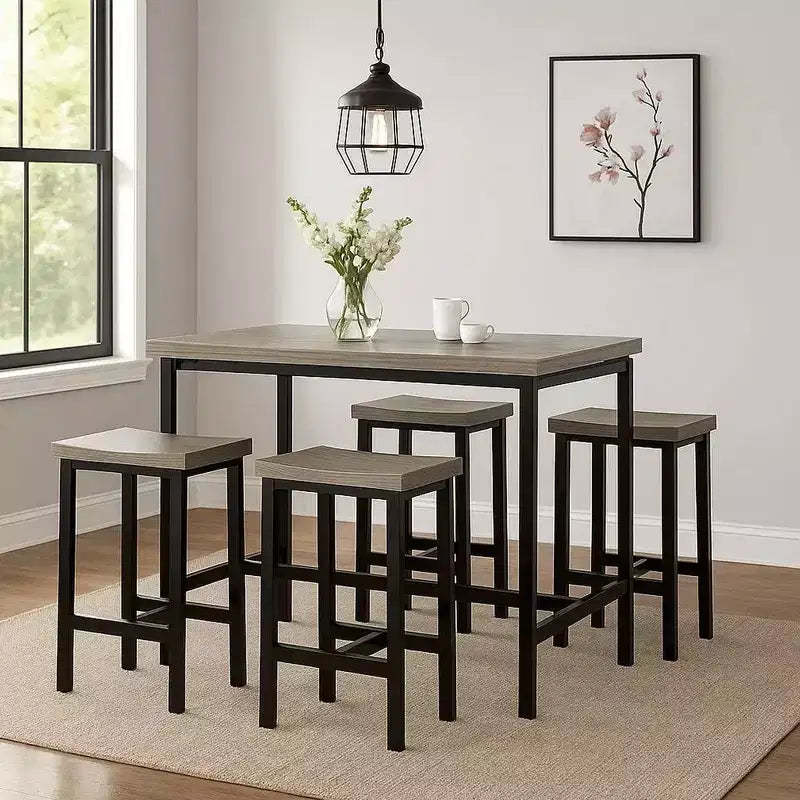 Royal Hampton 5 Piece Wooden Counter Height Table Set In Natural Brown And Black