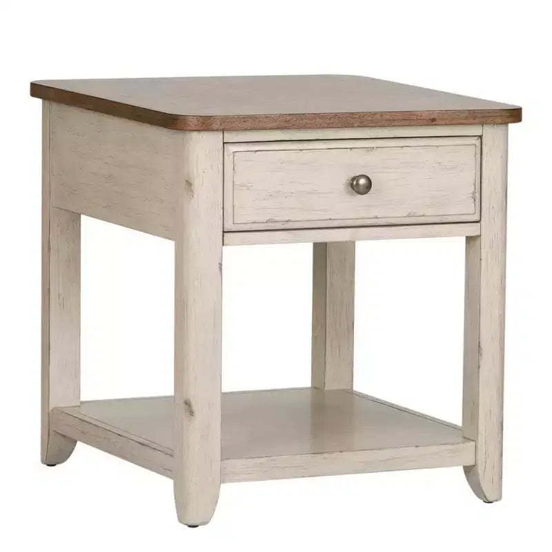 Liberty Furniture,Farmhouse Reimagined End Table with Basket in Antique White w/ Chestnut Top