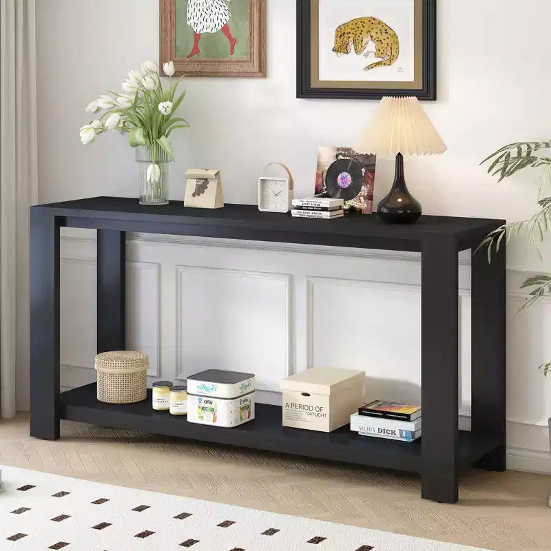 Wood Console Table with Bottom Shelf, Contemporary Minimalism Entryway Entrance Table for Hallway Living Room, 59.8'' Black, Black