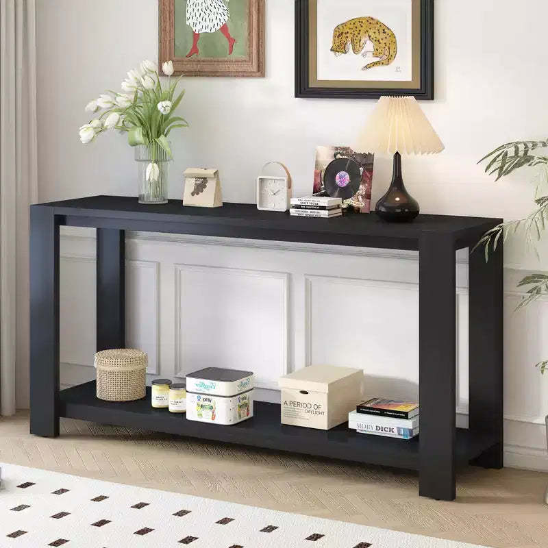 Wood Console Table with Bottom Shelf, Contemporary Minimalism Entryway Entrance Table for Hallway Living Room, 59.8'' Black, Black