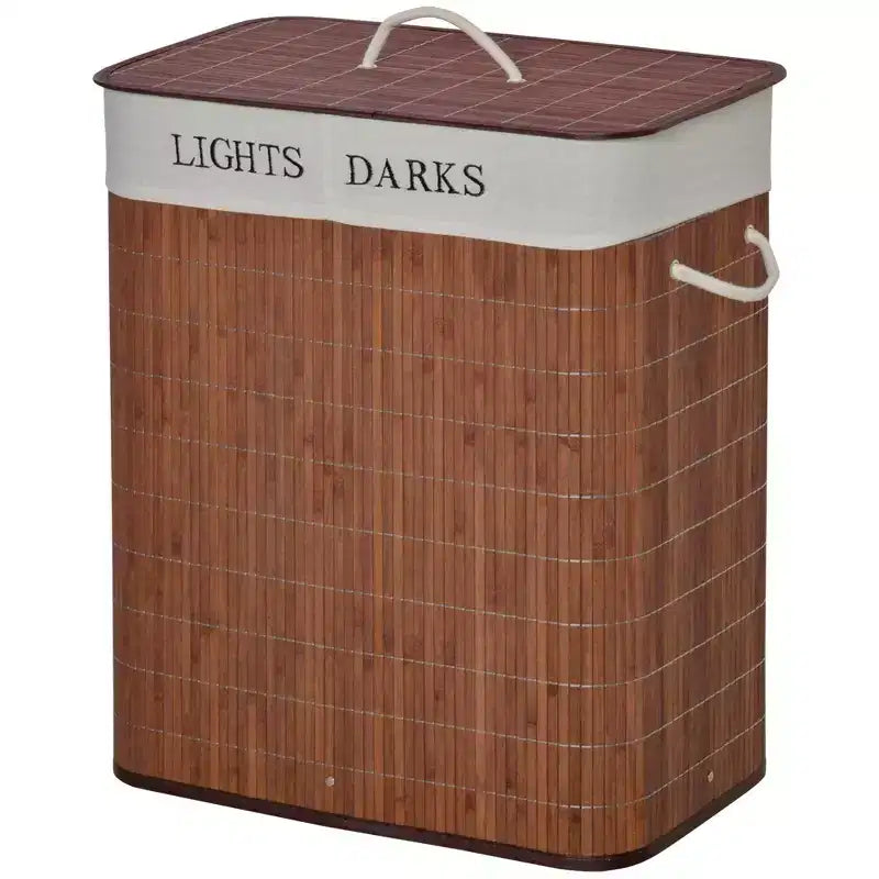 Double Laundry Hamper with Lid Bamboo Frame Two-Section Sorter 26.4 Gallon