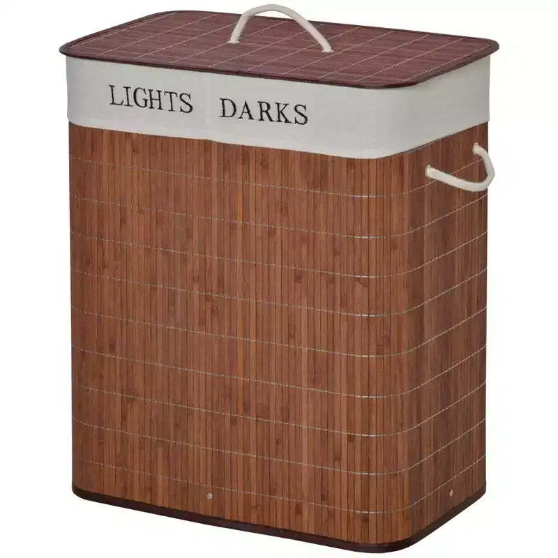 Double Laundry Hamper with Lid Bamboo Frame Two-Section Sorter 26.4 Gallon
