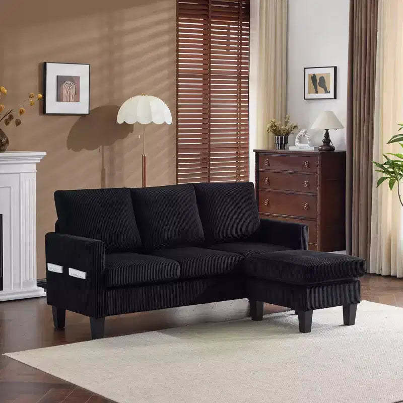Karl Home |68.5 in. W Square Arm Corduroy L-shaped 3-Seat Sofa in Black with Storage Ottoman