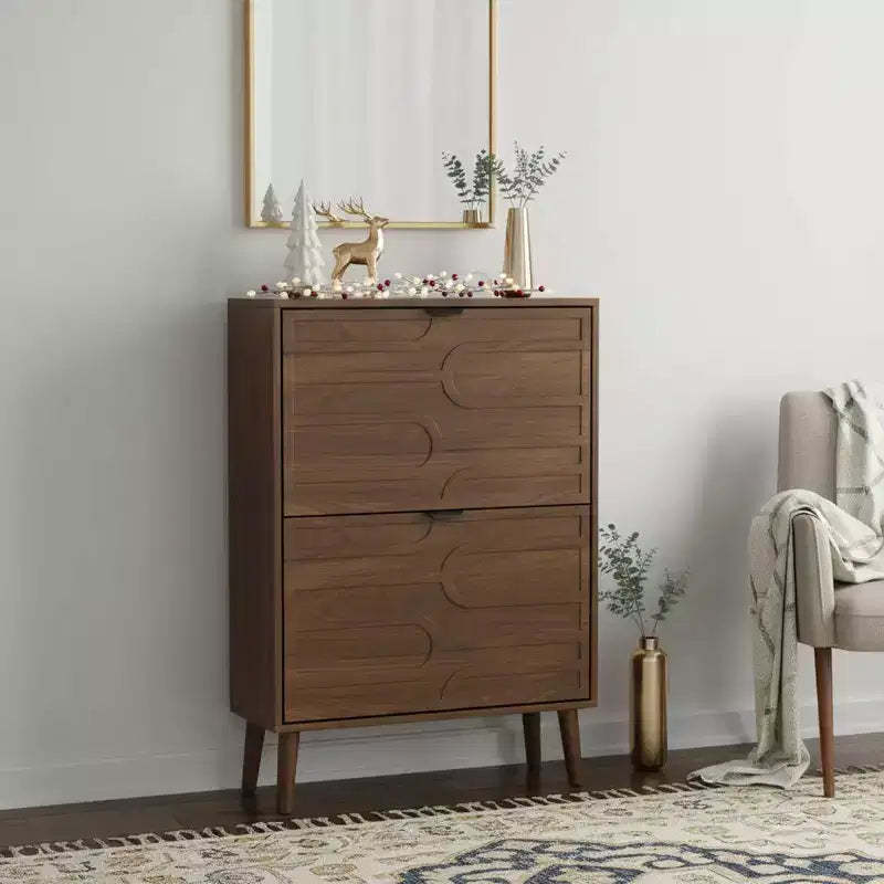 Homy Casa Modern 2-Flip Drawer Shoe Cabinet with Display Shelf and Wood Legs