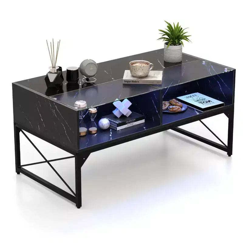 Costway LED Coffee Table with 4 Storage Cubes Faux Marble & Tempered Glass Top for Living Room Black