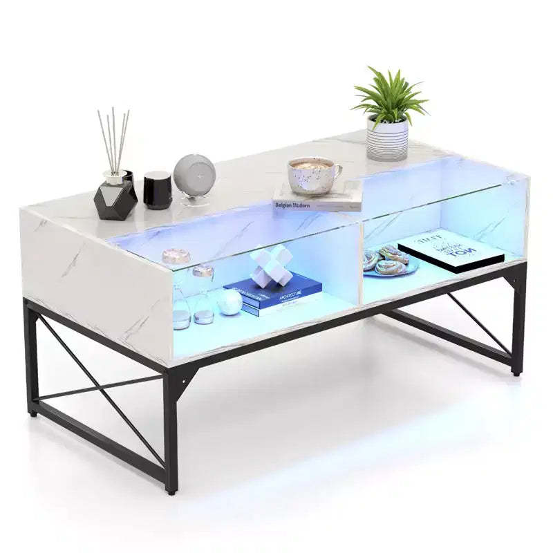 Costway LED Coffee Table with 4 Storage Cubes Faux Marble & Tempered Glass Top for Living Room White