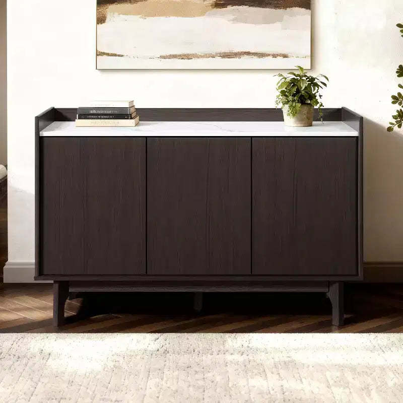 LuxenHome Modi Wenge Sideboard Cabinet with 3 Doors, Raised Sides, Faux Marble Top, Manufactured Wood