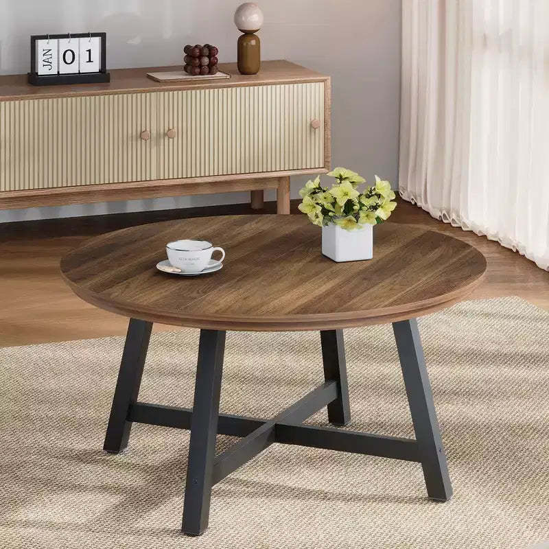 36 Round Coffee Table, Large Accent Tables with Adjustable Feet, Living Room Tables with Thickened Legs and Designed Wood Grain, Easy Assemble