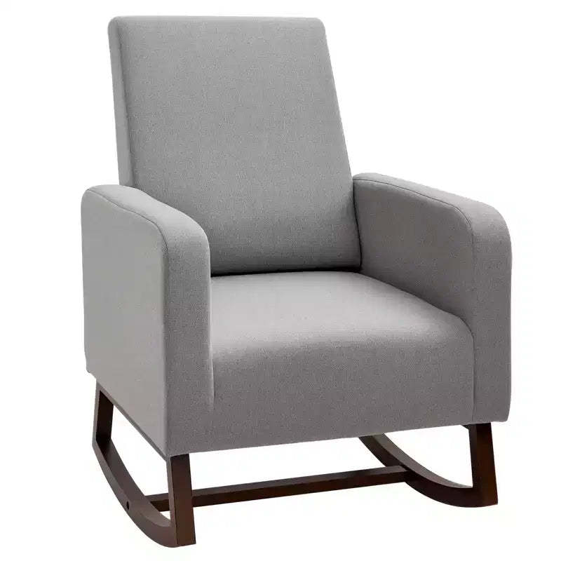 Accent Lounge Rocking Chair with Solid Curved Wood Base and Linen Padded Seat
