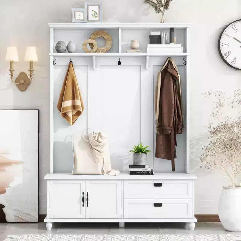Okak Modern Hall Tree with Storage Cabinet and 2 Large Drawers, Widen Coat Rack with 5 Hooks, Coat Tree for Entryway, Living Room, White