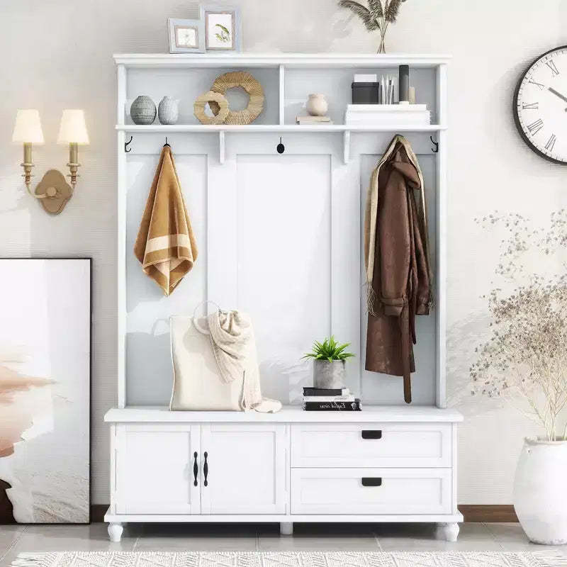Okak Modern Hall Tree with Storage Cabinet and 2 Large Drawers, Widen Coat Rack with 5 Hooks, Coat Tree for Entryway, Living Room, White
