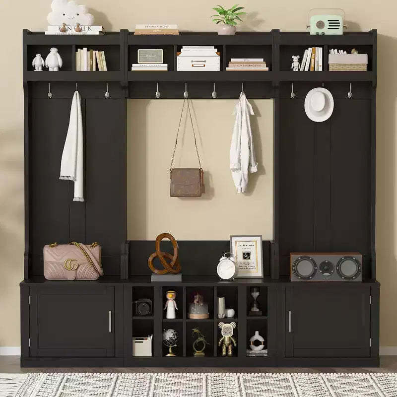 Okak 4-IN-1 Wide Hall Tree with Entryway Bench and Shoe Cubbies, Coat Rack with Sotrage Shelves and 10 Hooks, Coat Tree for Hallway, Black
