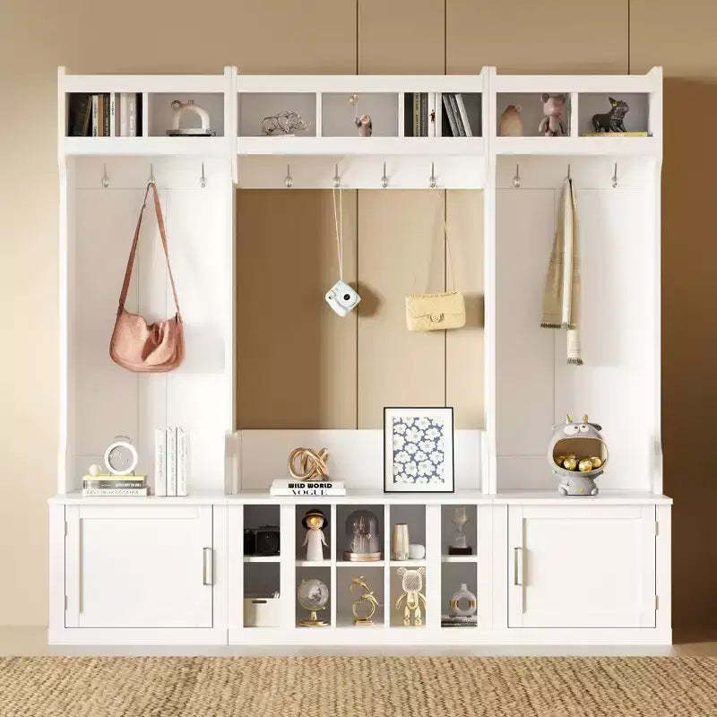 Okak 4-IN-1 Wide Hall Tree with Entryway Bench and Shoe Cubbies, Coat Rack with Sotrage Shelves and 10 Hooks, Coat Tree for Hallway, White