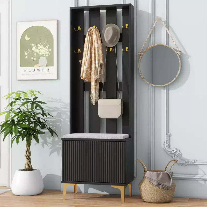 Okak Modern Hall Tree with Cushion Bench and Adjustable Shelves, Storage Rack with 8 Gold Hooks and Legs, Coat Tree for Living Room, Hallway, Black