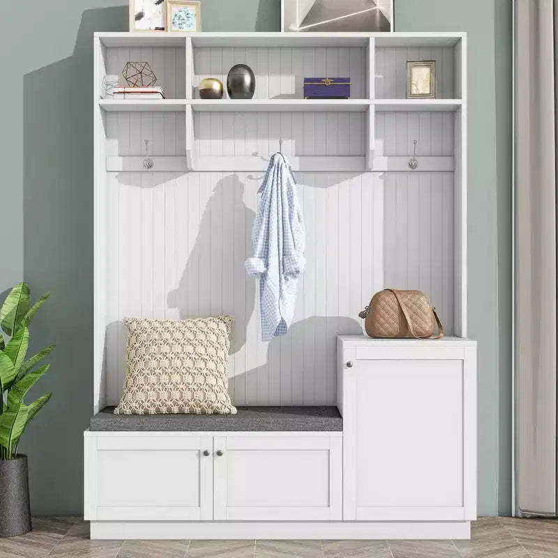 Okak Elegant Hall Tree with 3 Hooks and 3 Top Shelves, Freestanding Coat Rack with Shoe Cabinet and Cushion Bench, Coat Tree for Living Room, White