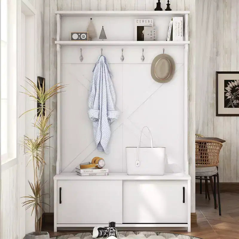 Okak Farmhouse Hall Tree with Top Shelf and Storage Bench, Coat Rack with Sliding Doors and 5 Hooks, Storage Rack for Entryway, Hallway, Off-White