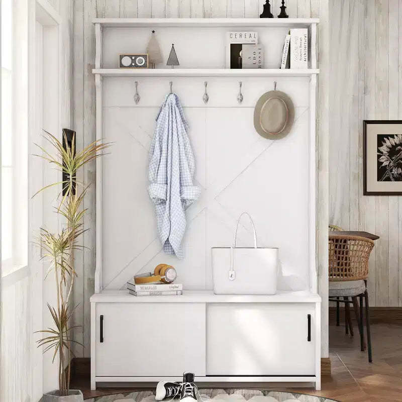 Okak Farmhouse Hall Tree with Top Shelf and Storage Bench, Coat Rack with Sliding Doors and 5 Hooks, Storage Rack for Entryway, Hallway, Off-White