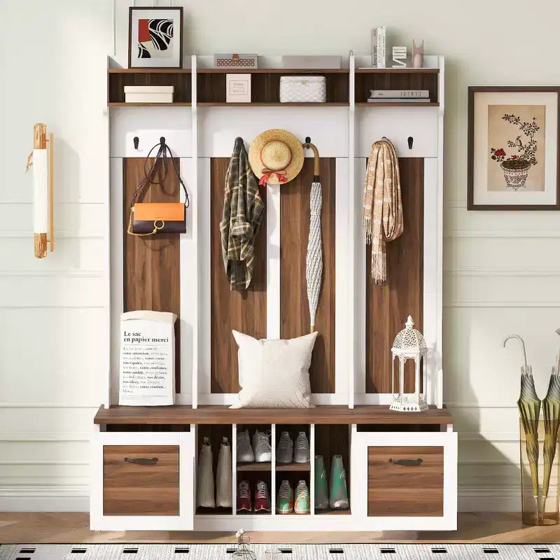 Okak 5-In-1 Coat Rack with 7 Sturdy Hooks and 2 Spacious Drawers, Wide Hall Tree with Adjustable Shelves and Metal Handles for Hallway, Brown+White