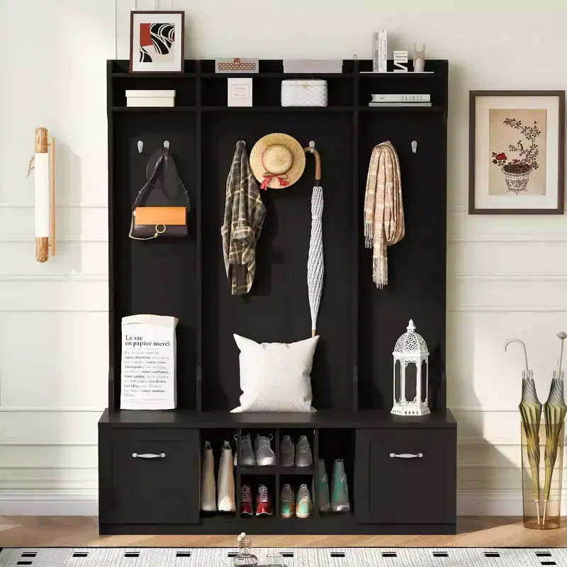 Okak 5-In-1 Coat Rack with 7 Sturdy Hooks and 2 Spacious Drawers, Wide Hall Tree with Adjustable Shelves and Metal Handles for Hallway, Black