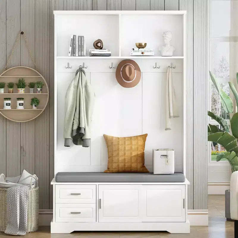 Okak Elegant Hall Tree with Sliding Doors and 6 Silvery Hooks, Coat Rack with Cushion Bench Cabinet and Shoe Storage for Hallway, Living Room, White