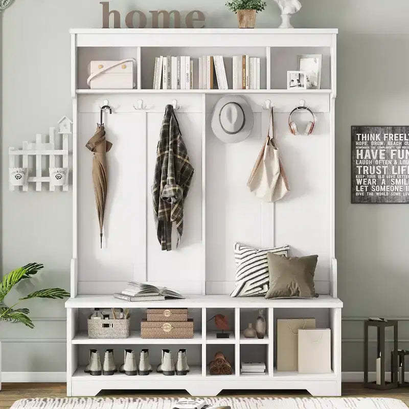 Okak Modern Hall Tree with 6 Metal Hooks and Ample Storage, Coat Rack with Shoe Cubbies and Bench, Coat Tree for Living Room, Entryway, White