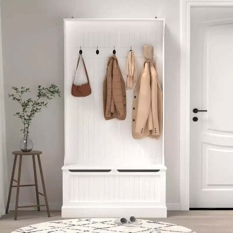 Okak Minimalism Hall Tree with 5 Hooks, Freestanding Coat Rack with Shoe Storage Bench, Entryway Storage for Living Room, Hallway, White