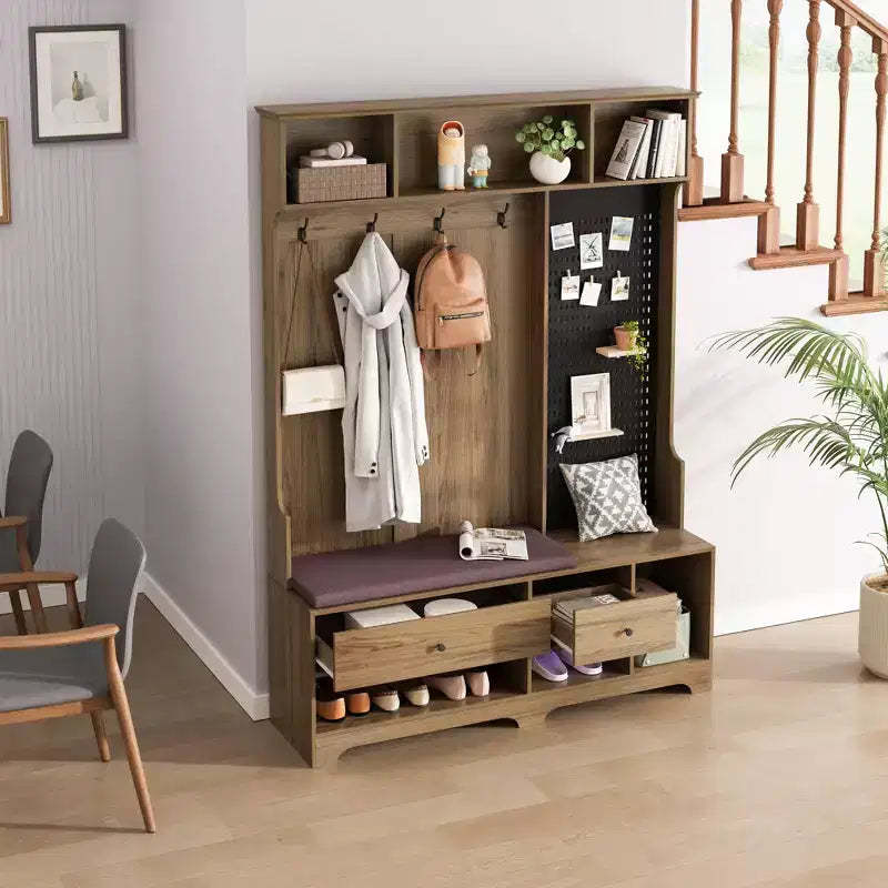 Okak Multi-Purpose Hall Tree with Removable Linen Cushioned Bench, Coat Rack with 4 Hooks, Storage Shelves and DIY Pegboard for Hallway, Brown