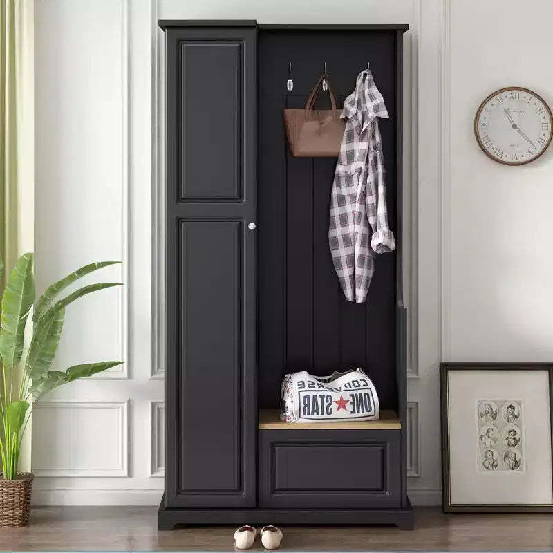Okak Stylish Hall Tree with Flip-Up Bench, Coat Rack with Shoe Cabinet and Adjustable Shelves, Coat Tree with Hanging Hooks for Entryways, Black